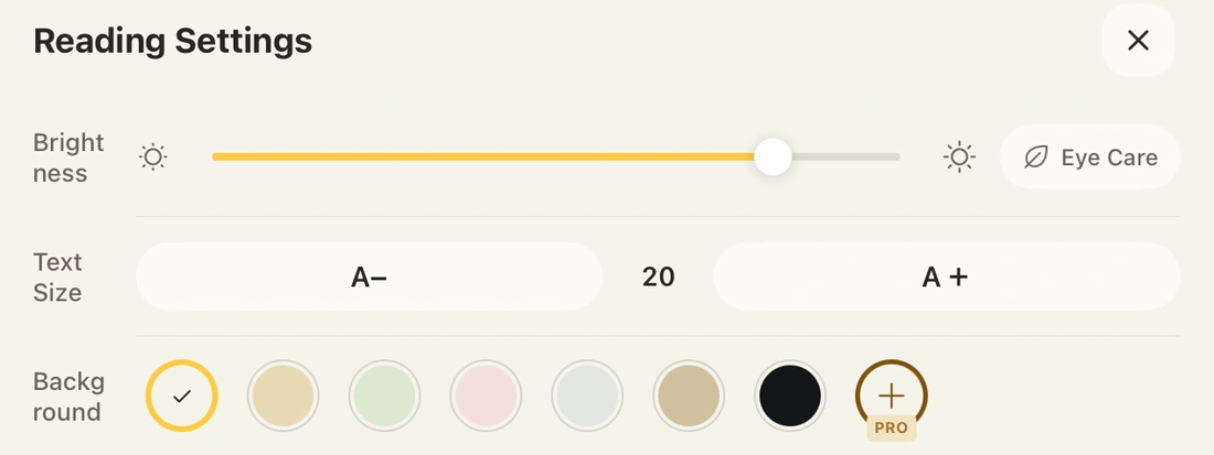 Reading settings with brightness, text size, and background controls