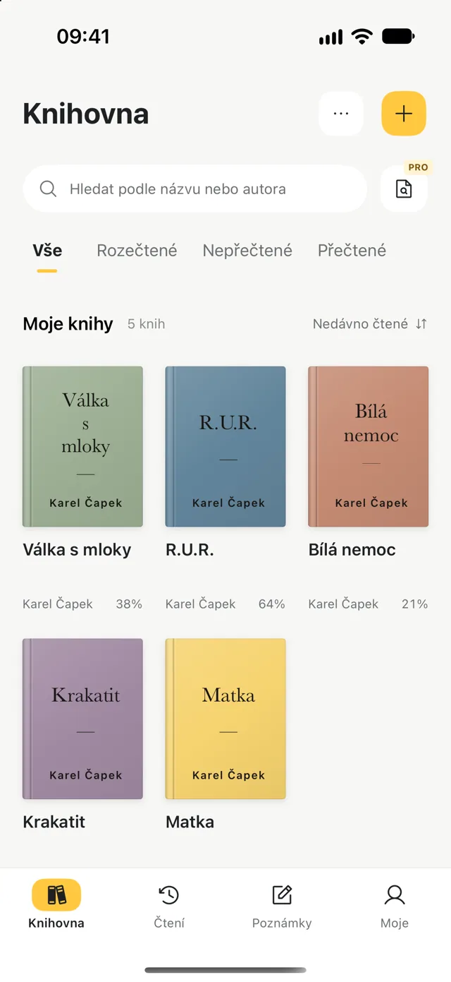 Osobní knihovna s knihami, autory a průběhem čtení