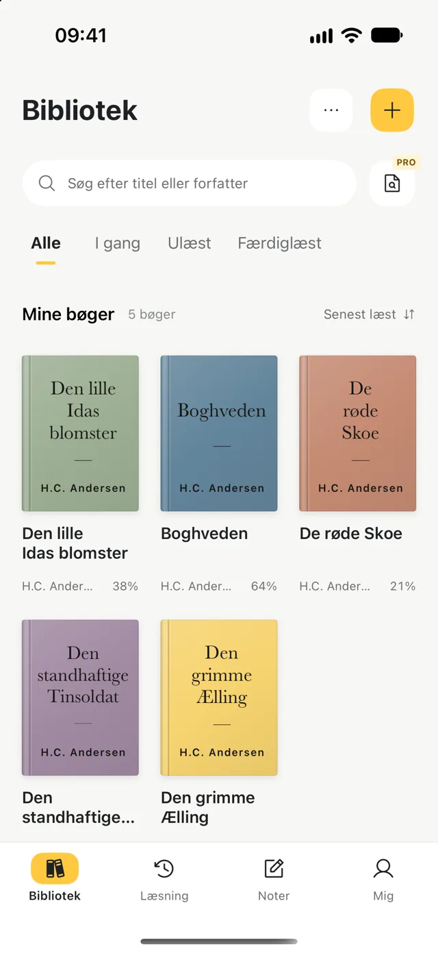 Personligt bibliotek med bøger, forfattere og læsefremskridt