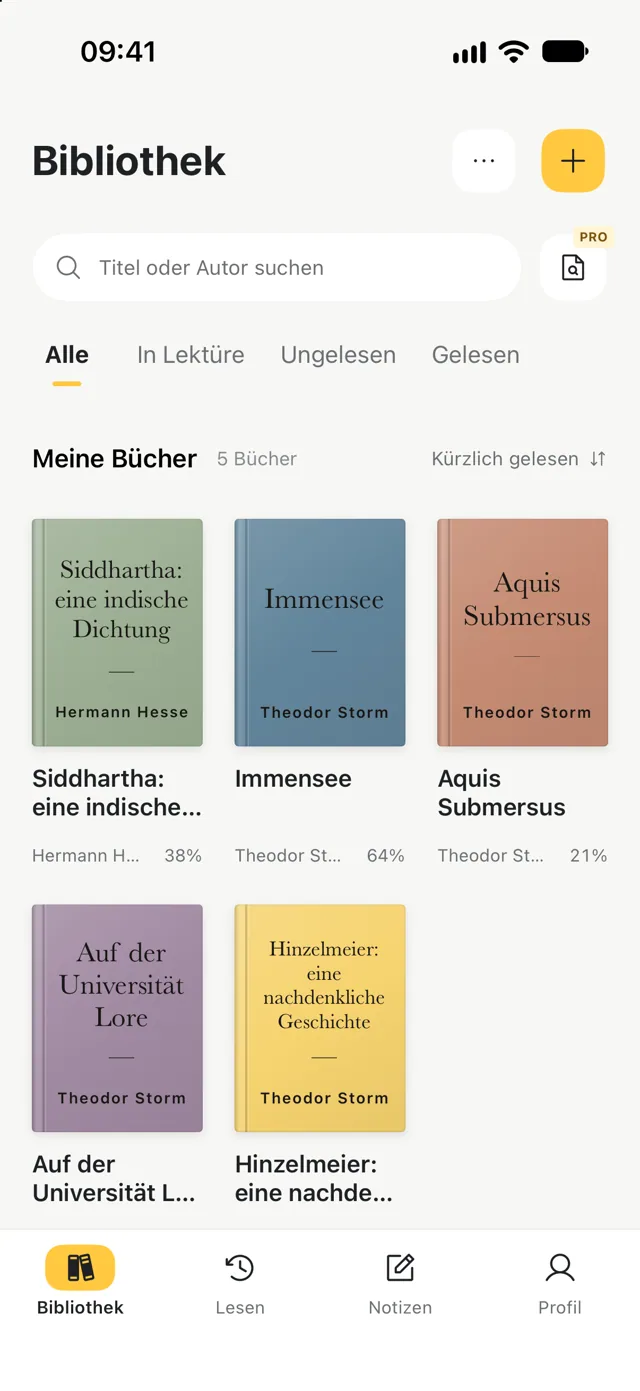 Eine persönliche Bibliothek mit Büchern, Autoren und Lesefortschritten