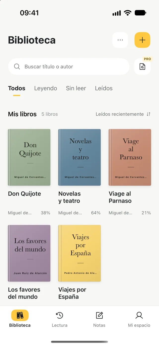Biblioteca personal con libros, autores y progreso de lectura