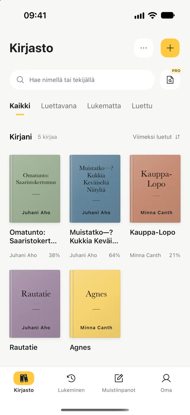 Oma kirjasto, jossa näkyvät kirjat, kirjailijat ja lukemisen edistyminen