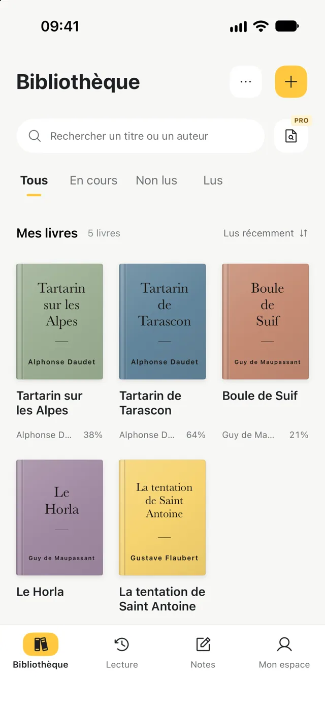 Bibliothèque personnelle avec livres, auteurs et progression de lecture