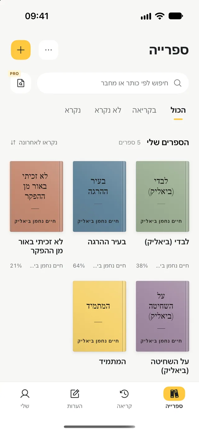 ספרייה אישית עם ספרים, מחברים והתקדמות הקריאה