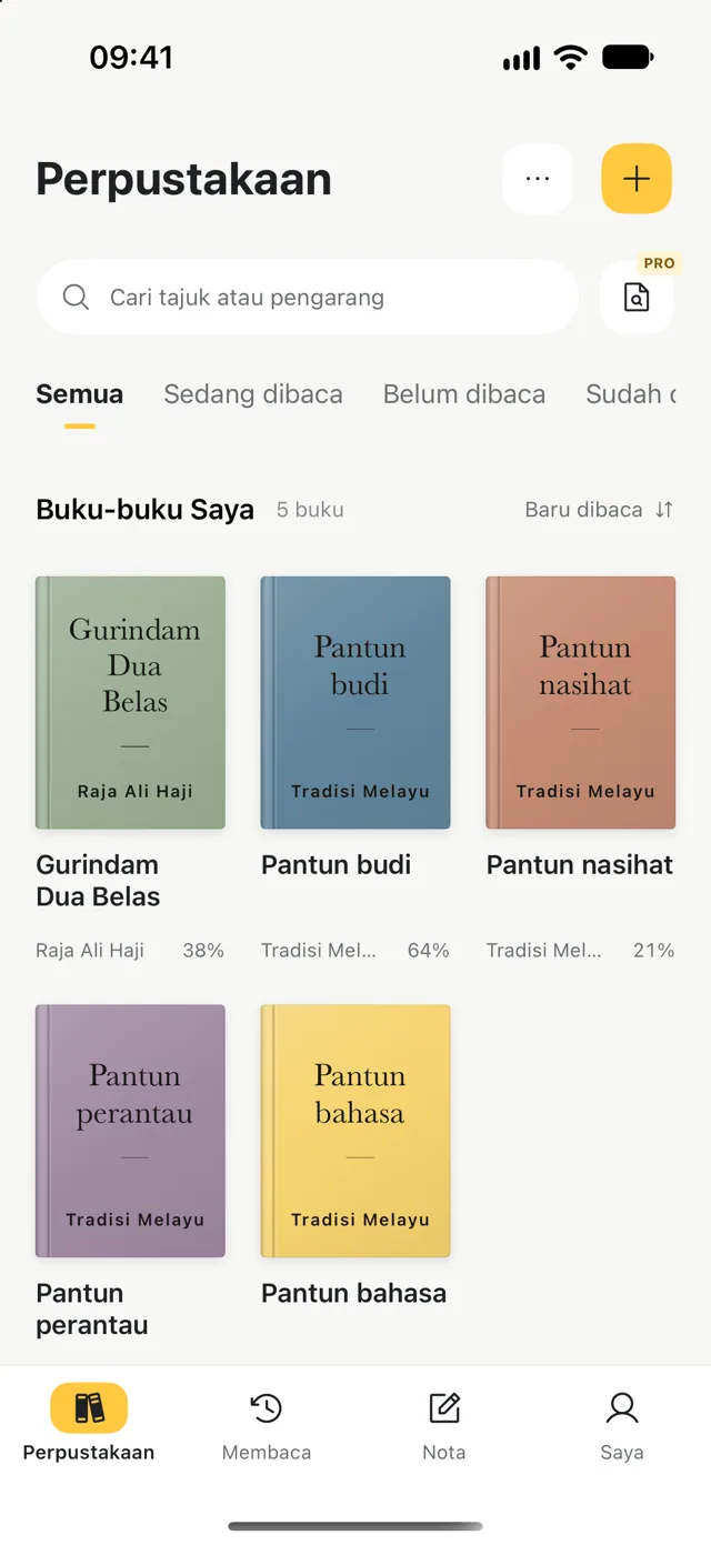 Perpustakaan peribadi dengan buku, pengarang dan kemajuan bacaan