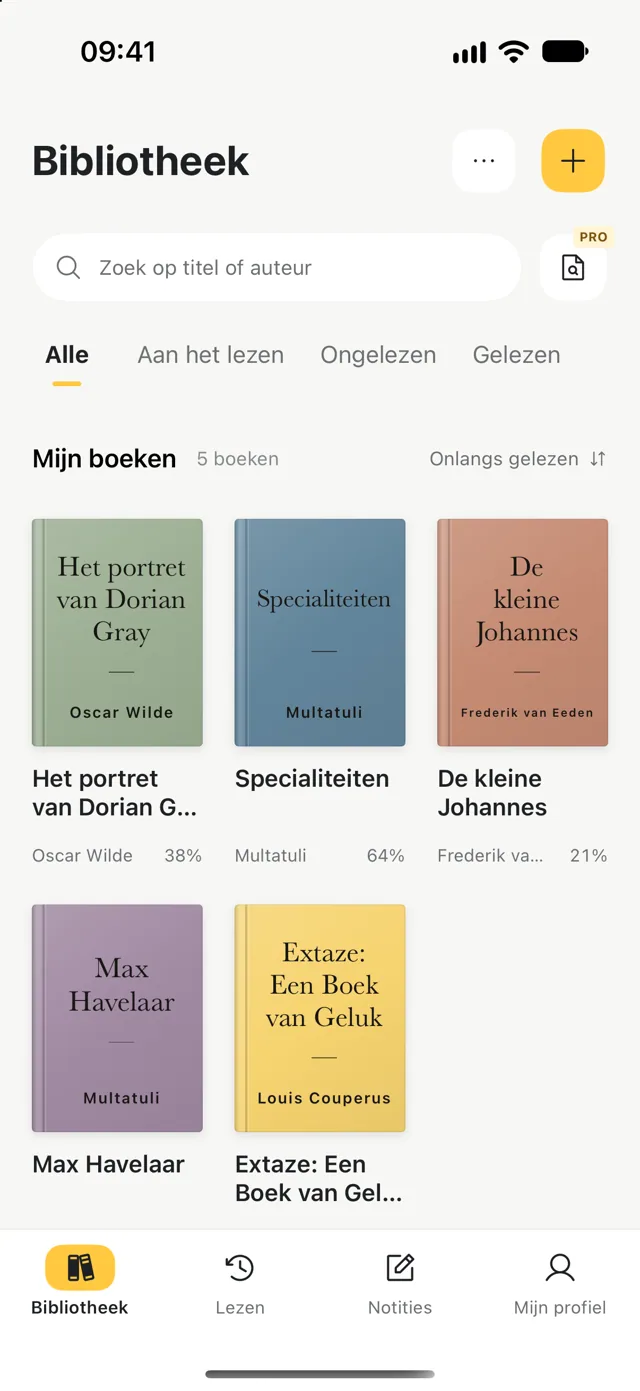 Persoonlijke bibliotheek met boeken, auteurs en leesvoortgang