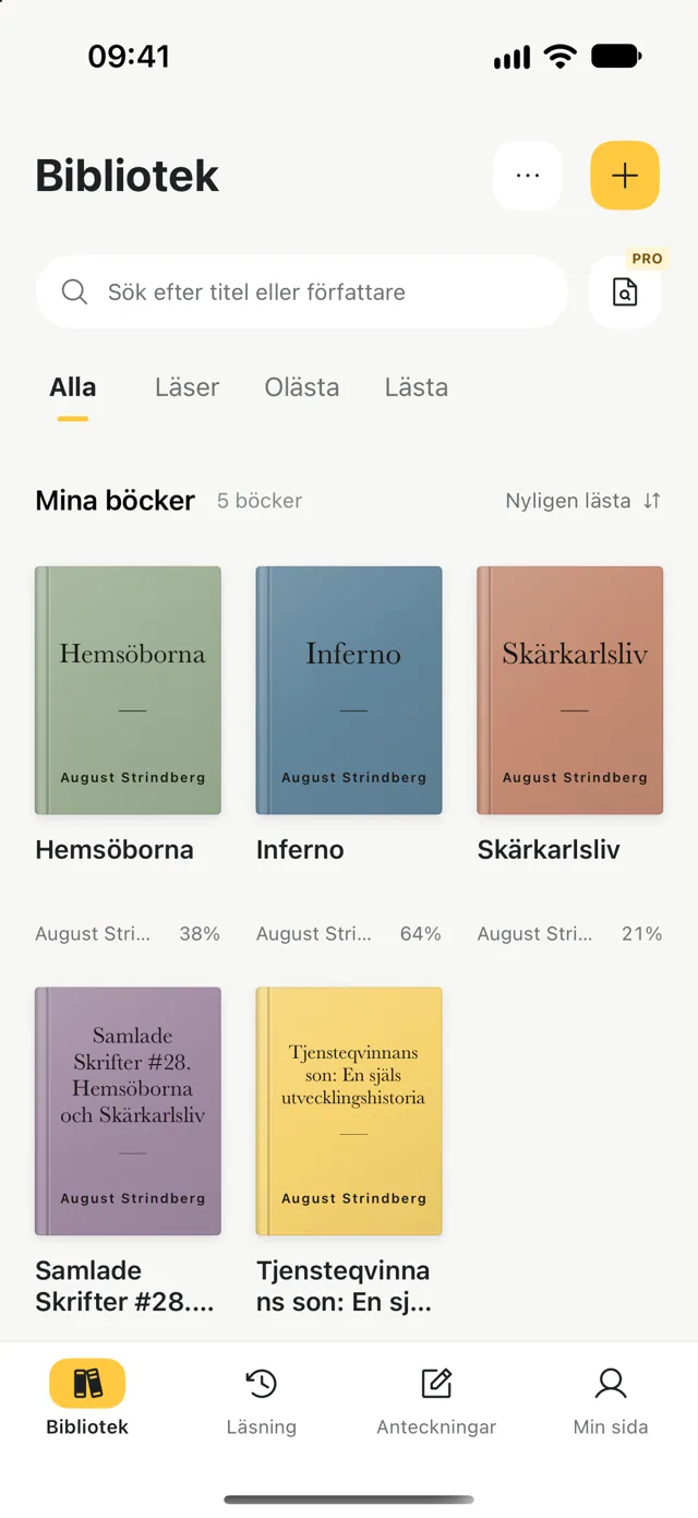 Personligt bibliotek med böcker, författare och läsförlopp